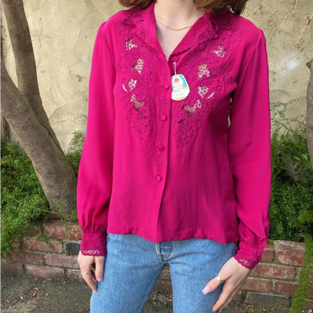 Hand Embroidered Silk Western Collar Long Sleeve Blouse in the color Fuscia